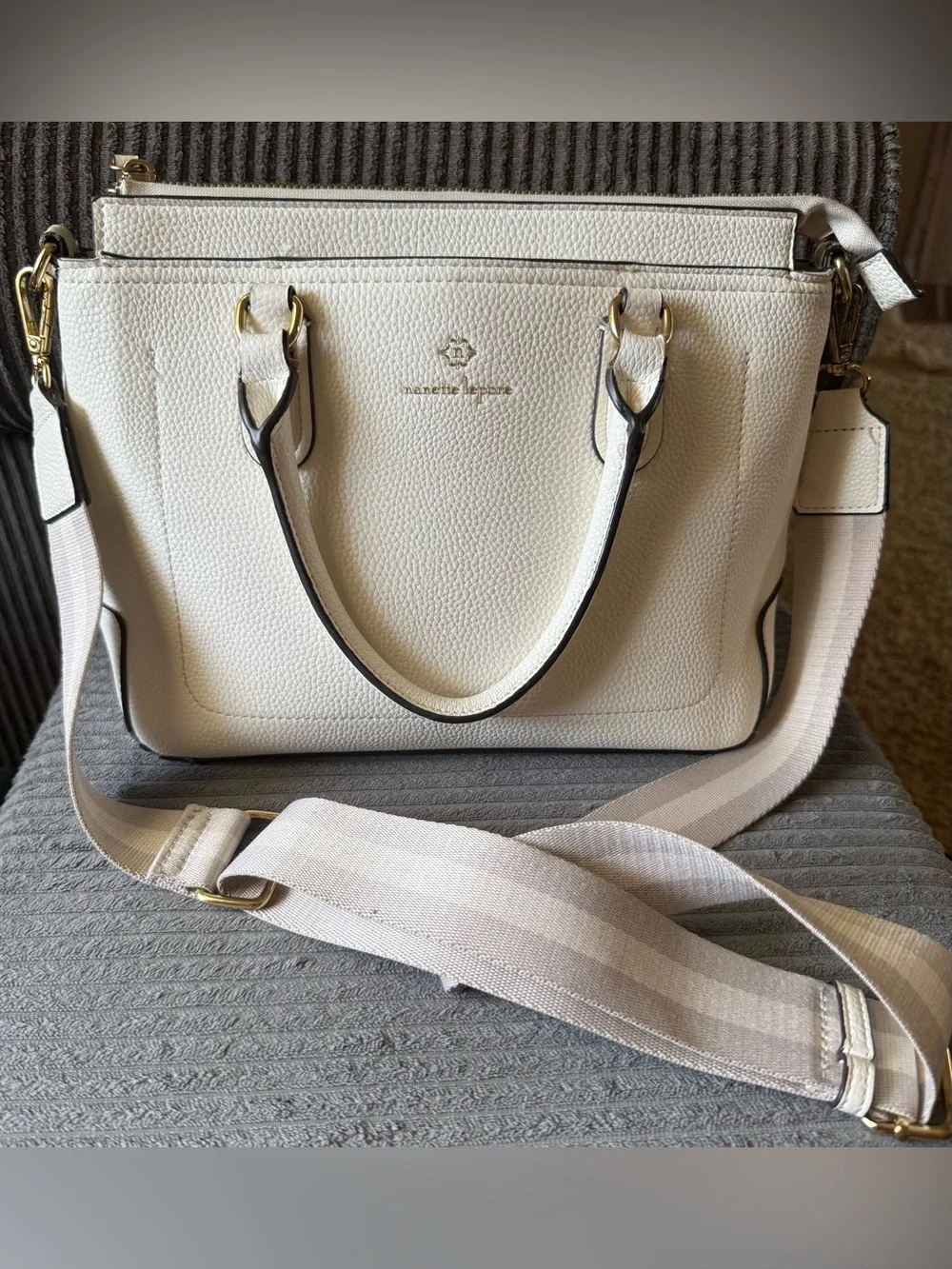 Nanette Lepore White Pebbled Leather Satchel Striped Crossbody Shoulder Strap